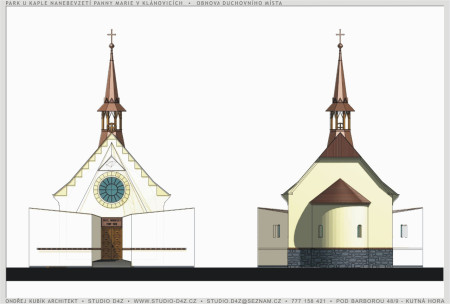 KAPLE v Klánovicích | Návrh vstupní části s uvítacím motivem hmot - fasáda vstupní a fasáda zadní.